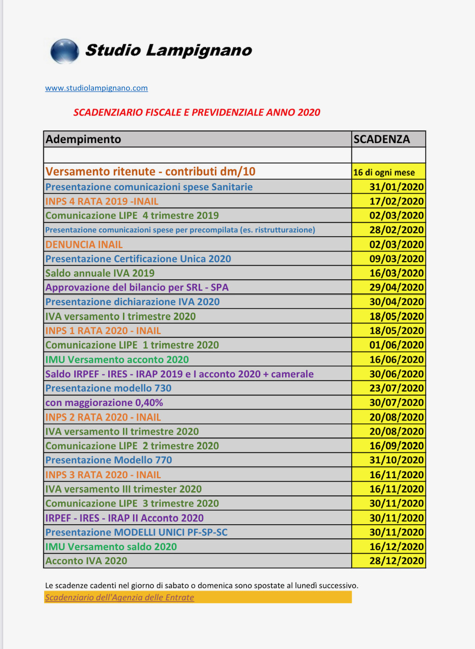 Scadenziario fiscale e previdenziale 2020